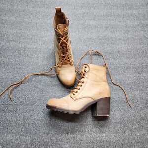 JUST FAB Women Beige Leather Lace Up Side Zip Block‎ Heel Combat Boots US 9